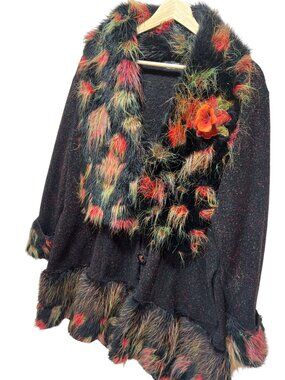 Lee Andersen Mixed Media Art To Wear Jacket With Faux Fur Trim & Floral Accents